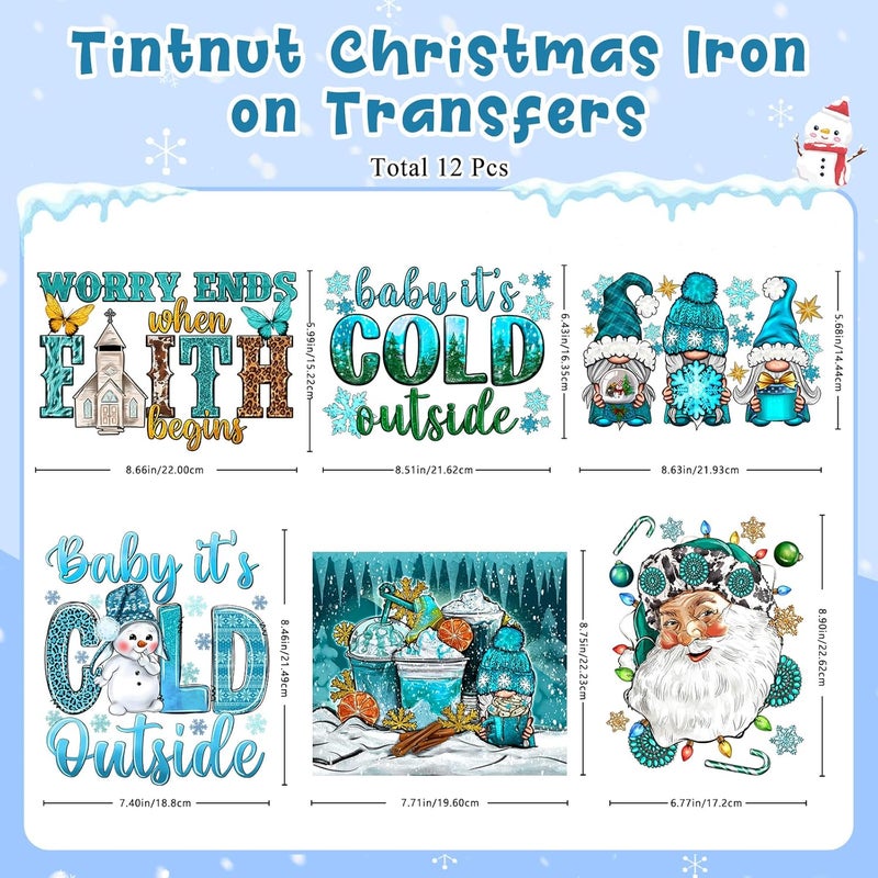 Tintnut نقلات عيد الميلاد DTF جاهزة للضغط - 12 ورقة ملصقات ثلجية للكي على القمصان والملابس ملصقات نقل حراري لتصميم حقائب القماش - Image 3